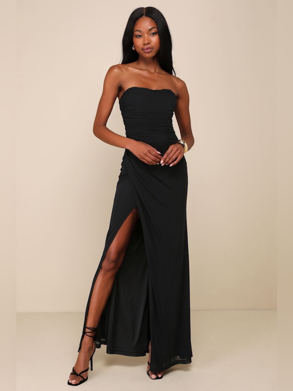 Lulu's Strapless Black Ruched Maxi Dress‎ with High Slit NWT Size XL